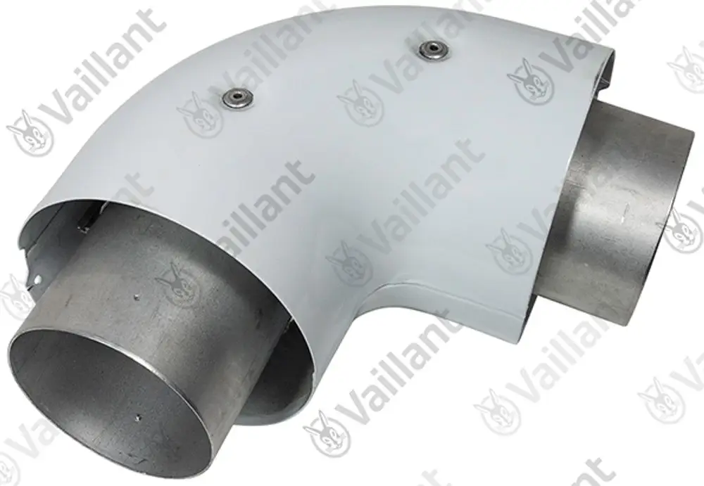 Vaillant Bogen mit gewinkelter Form und einem Metallanschluss. Das Material scheint aus einem weißen, glatten Kunststoff zu bestehen. Der Bogen ist für HVAC-Anwendungen konzipiert.